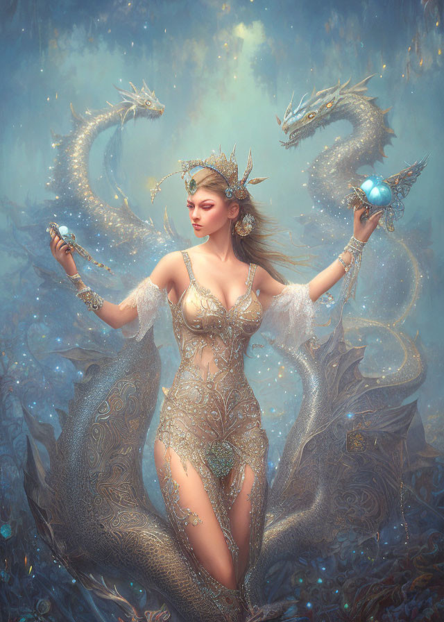 Ethereal woman with dragons in ornate attire on misty blue backdrop