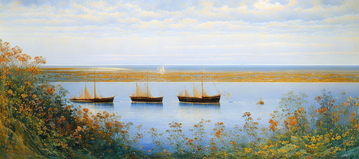 Tranquil seascape with sailing ships, calm waters, and vast sky