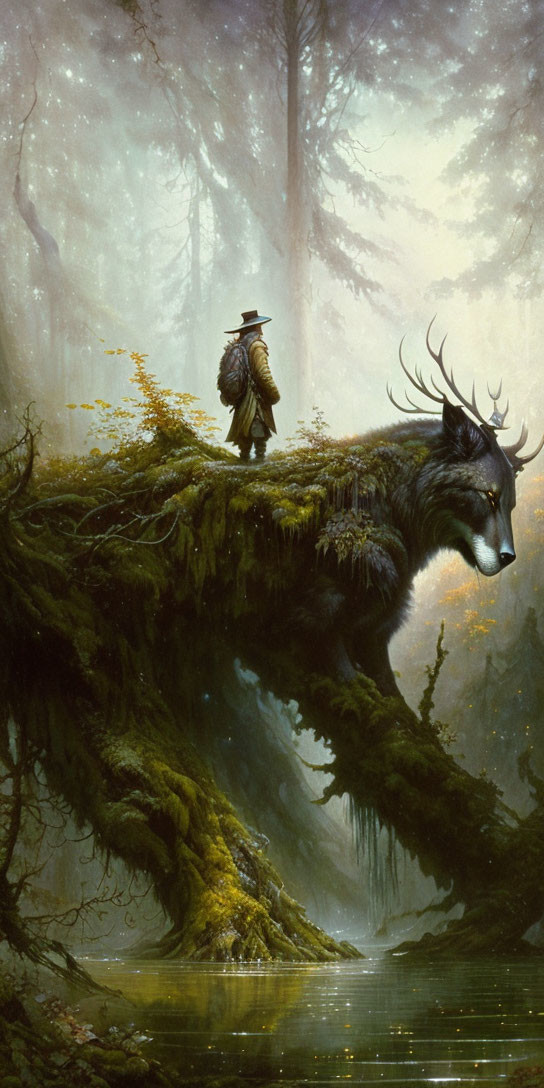 Person riding giant wolf in mystical forest landscape with serene water.