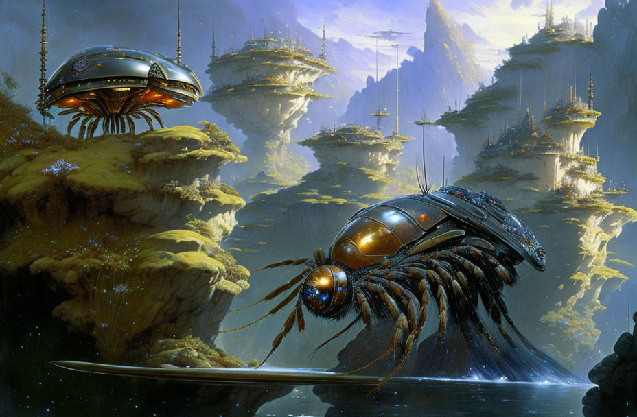 Futuristic sci-fi landscape with floating cities and metallic insect craft