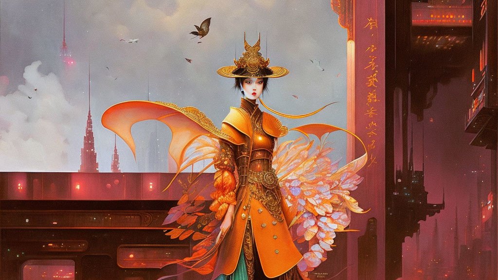 Digital artwork of woman in Asian warrior attire against futuristic cityscape.