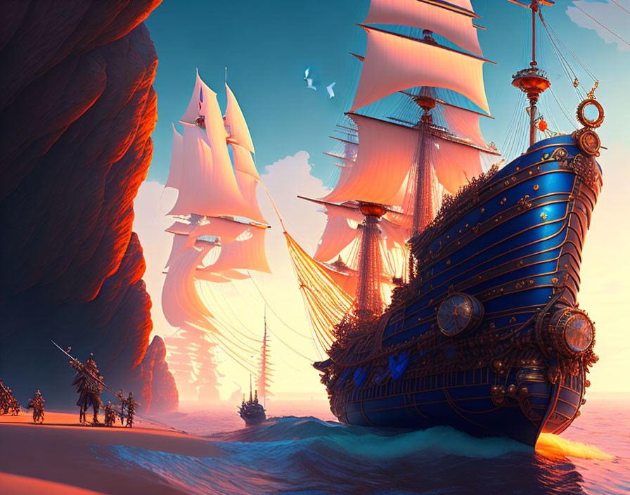 Majestic blue sailing ship with golden details near rocky coast