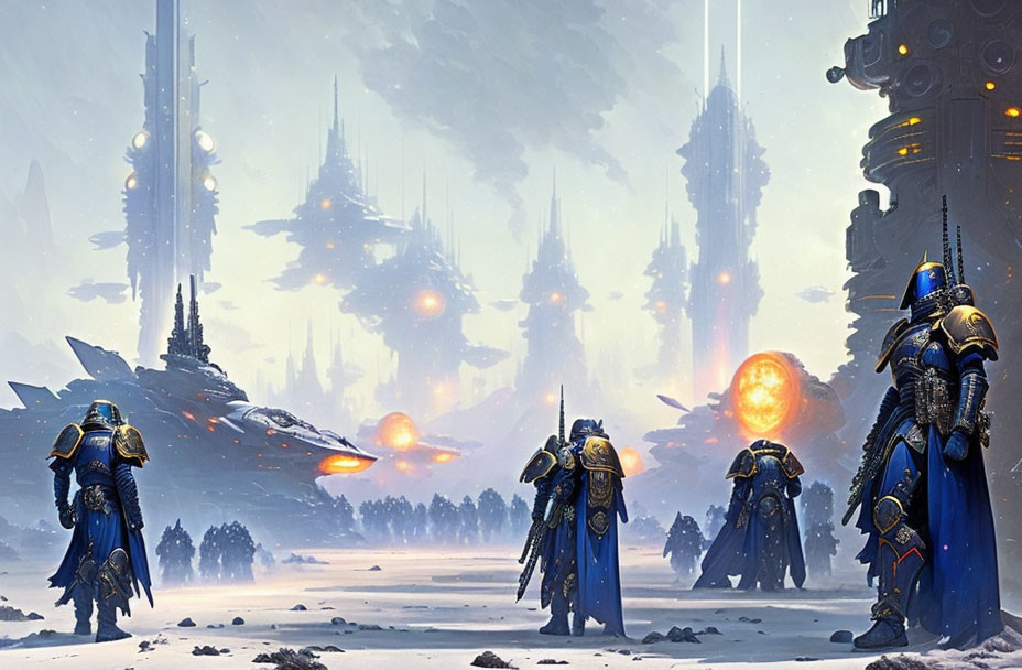 Armored figures in snowy landscape with futuristic backdrop.