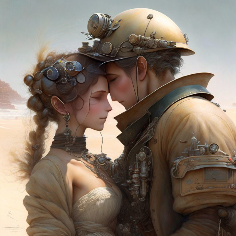 Steampunk-themed illustration: Couple in Victorian attire embrace