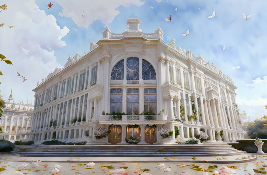 Palatial Building with Butterflies and Flower Petals in Clear Blue Sky