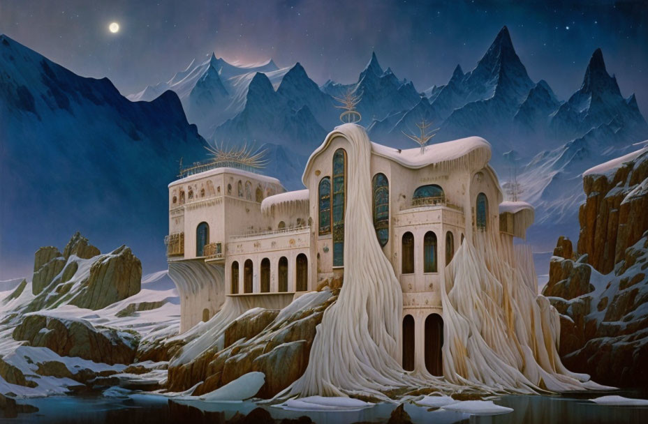 Fantastical castle in snowy mountain landscape under starry night sky