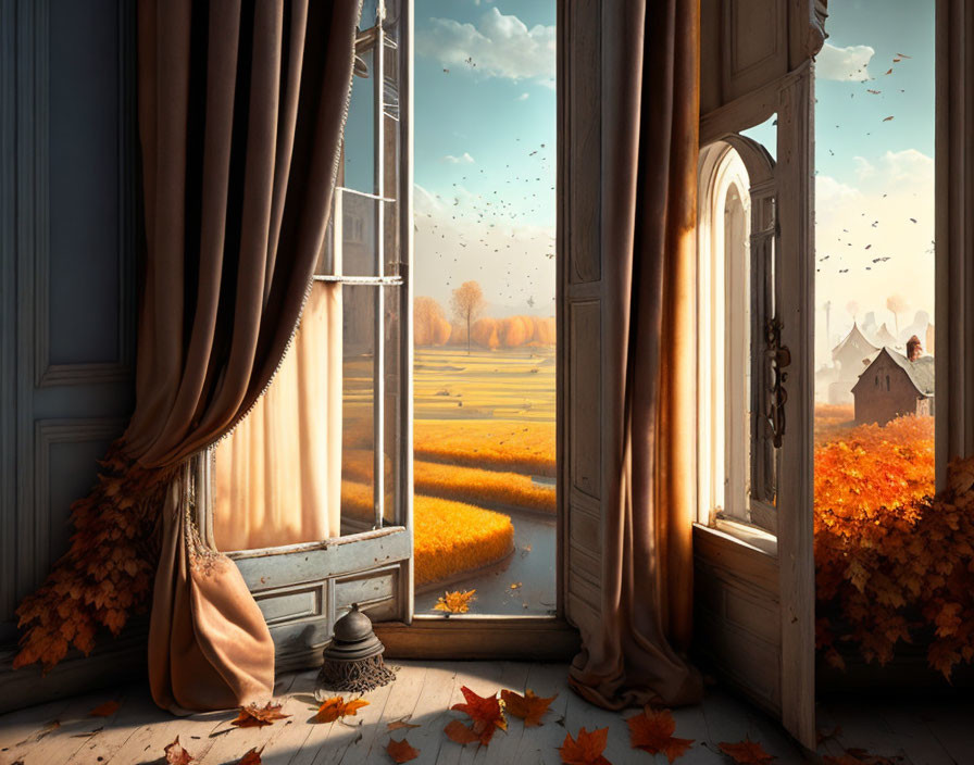 Autumn window view: golden leaves, ladder, pastoral landscape