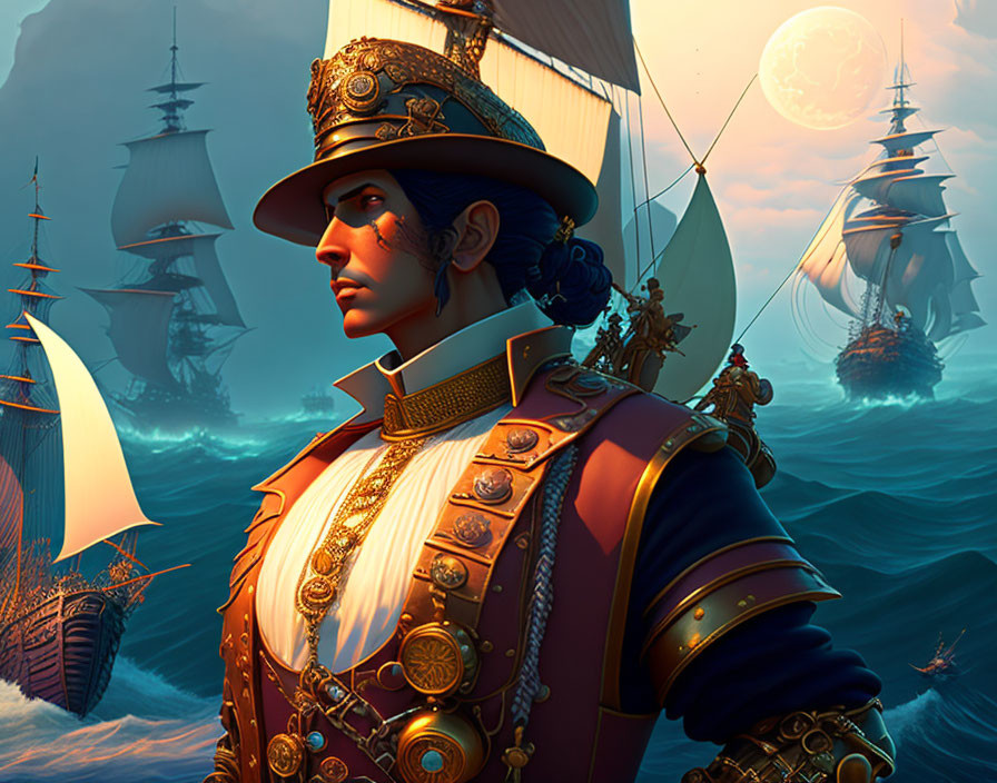 Illustrated naval officer in decorated uniform with fleet of sailing ships on moonlit sea