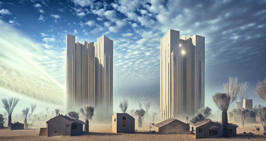 Surreal desert landscape with submerged houses and towering skyscrapers