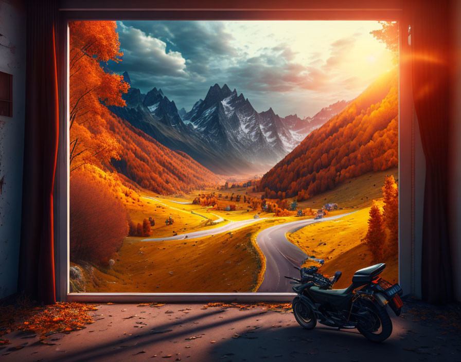 Motorcycle parked by large window overlooking autumn valley.