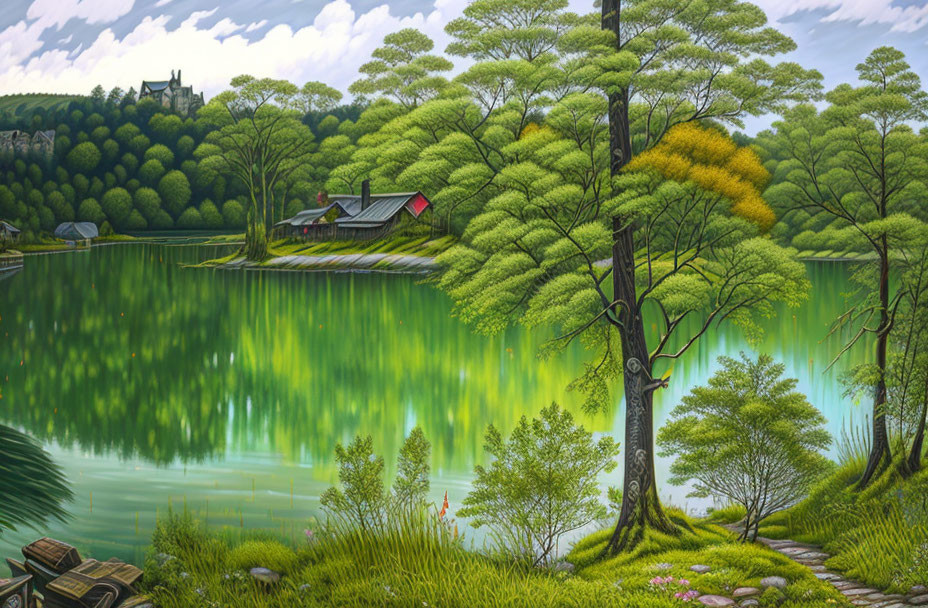 Tranquil lake with green trees, house, and distant castle in vibrant landscape