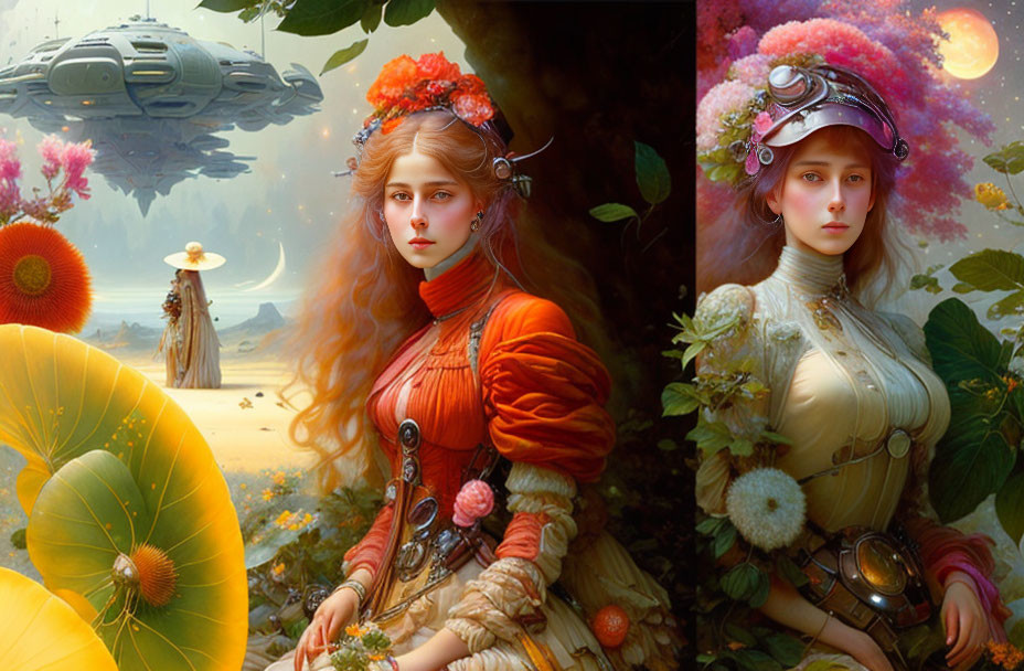 Fantasy Artwork: Two Women in Victorian-Inspired Outfits with Futuristic Accessories