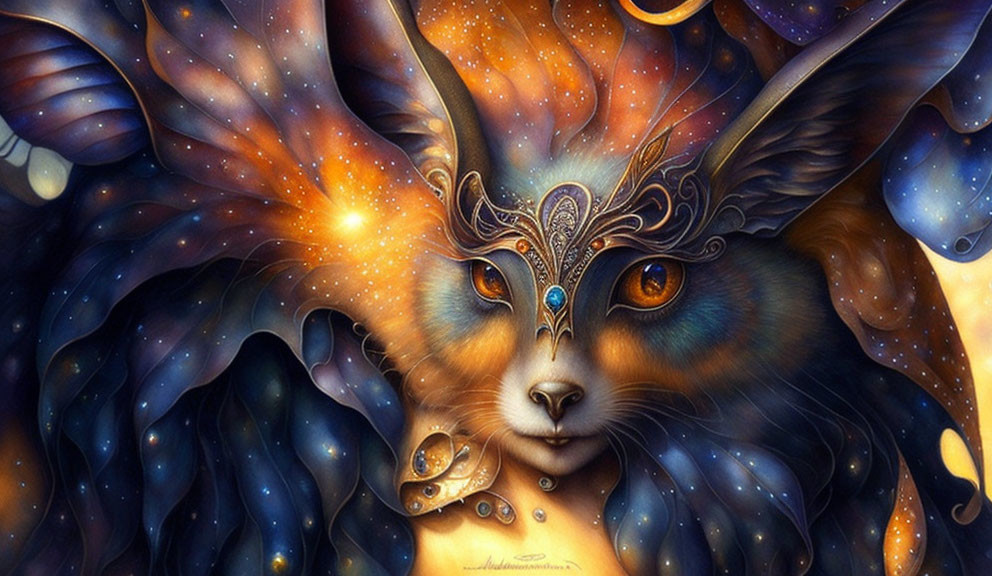 Colorful mystical creature with cat face and butterfly wings in blue, orange, and gold palette