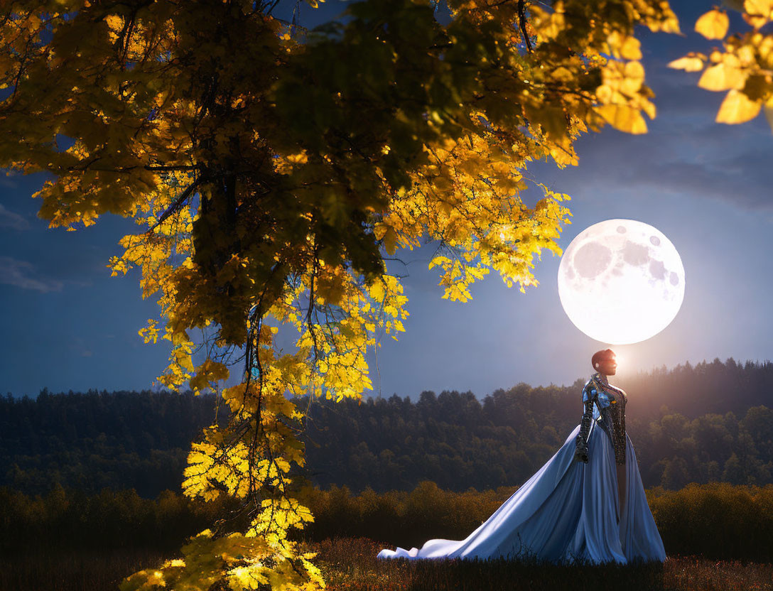 Woman in elegant gown under golden tree with full moon in twilight sky