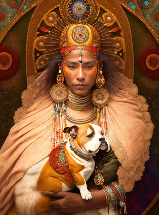 Regal person in elaborate attire holding a matching dog against ornate background