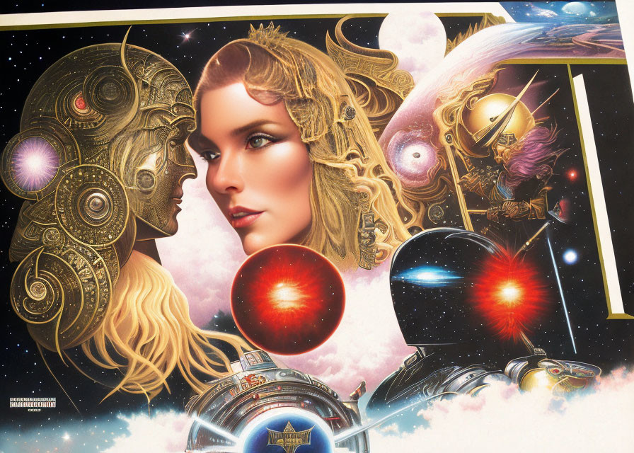 Fantastical art: Woman's face, cosmic elements, robotic figure, space backdrop.