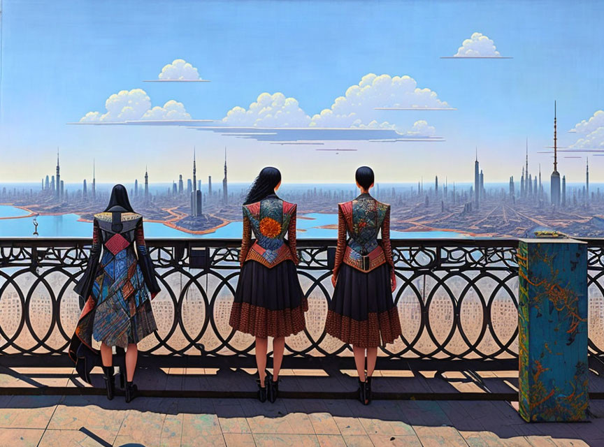 Three individuals in patterned outfits on balcony overlooking futuristic cityscape