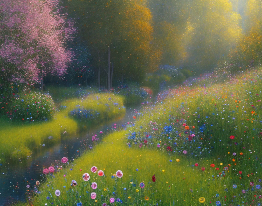 Impressionistic painting of lush meadow with colorful flowers