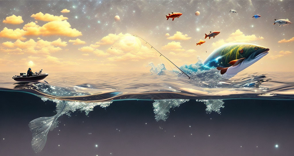 Person fishing on boat with leaping fish and flying smaller fish in surreal scene