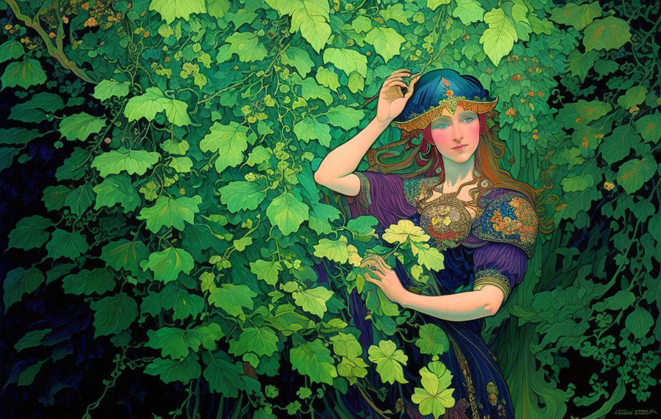 Colorful Art Nouveau Woman with Blue Headpiece in Lush Foliage