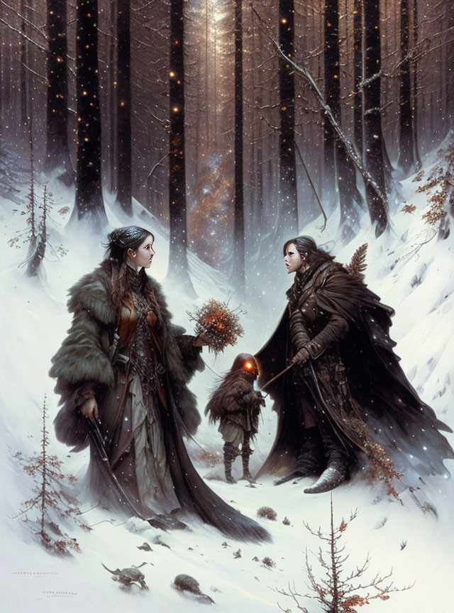 Fantasy characters in snowy forest with majestic figures and small creature.