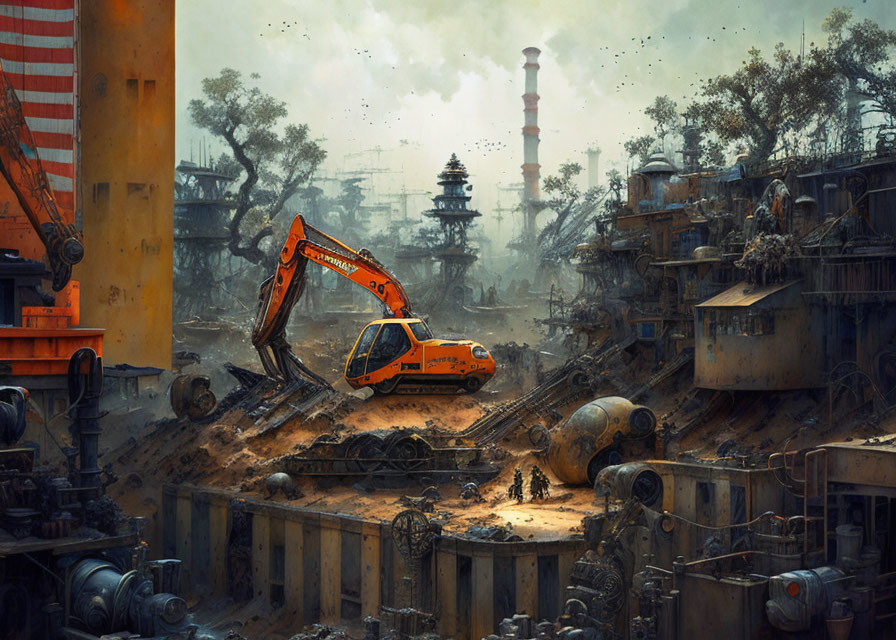 Decrepit industrial landscape with worn excavator under polluted sky