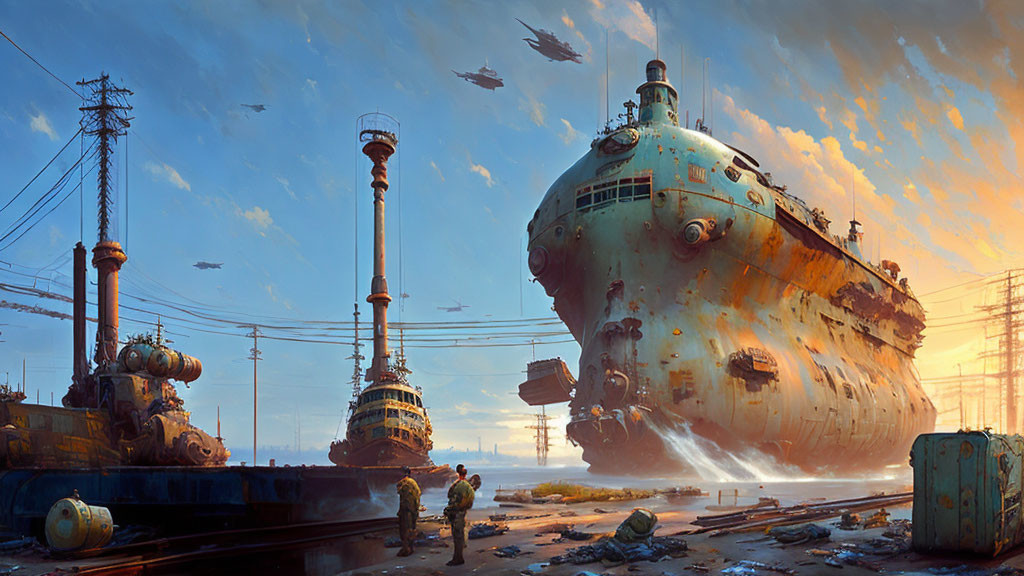 Enormous rusted ship levitating in twilight shipyard