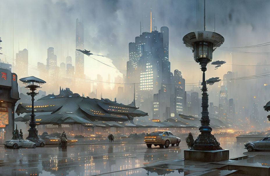 Futuristic cityscape with flying vehicles, skyscrapers, and neon lights at dusk