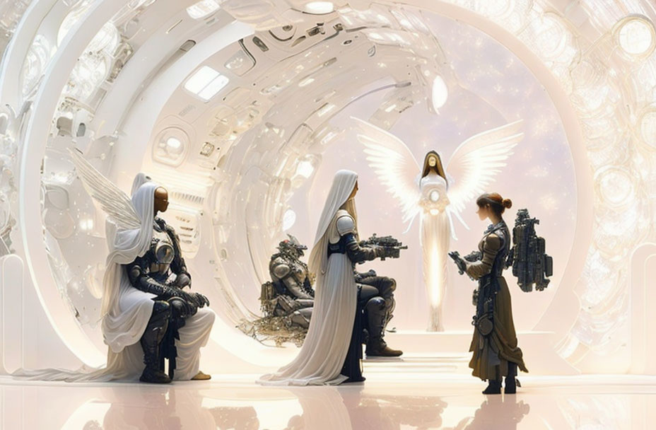 Futuristic scene: Angelic androids and human in steampunk attire in white hall