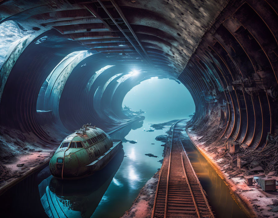 Derelict train in abandoned subway station with flooded tracks