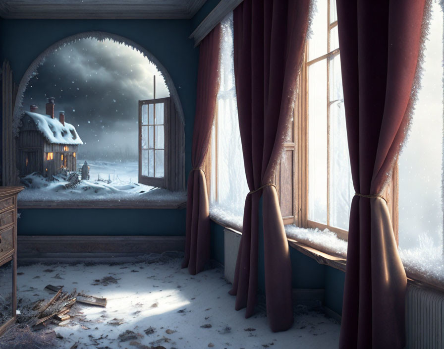 Snow-covered cottage viewed from dimly lit room with snowdrifts