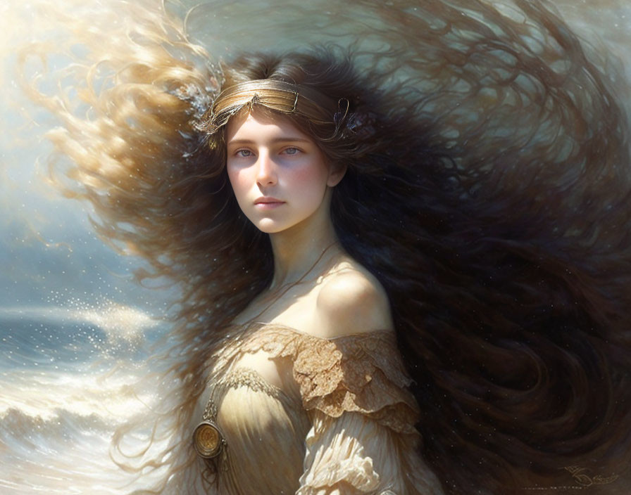 Portrait of Woman with Long Flowing Hair and Golden Headband in Ethereal Setting