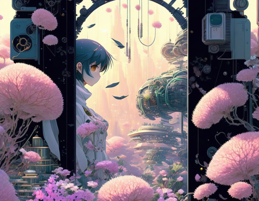 Anime-style girl in front of open door showcases fantastical cityscape with pink trees and futuristic buildings at