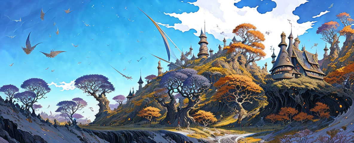 Whimsical fantasy landscape with towering castles and meandering road