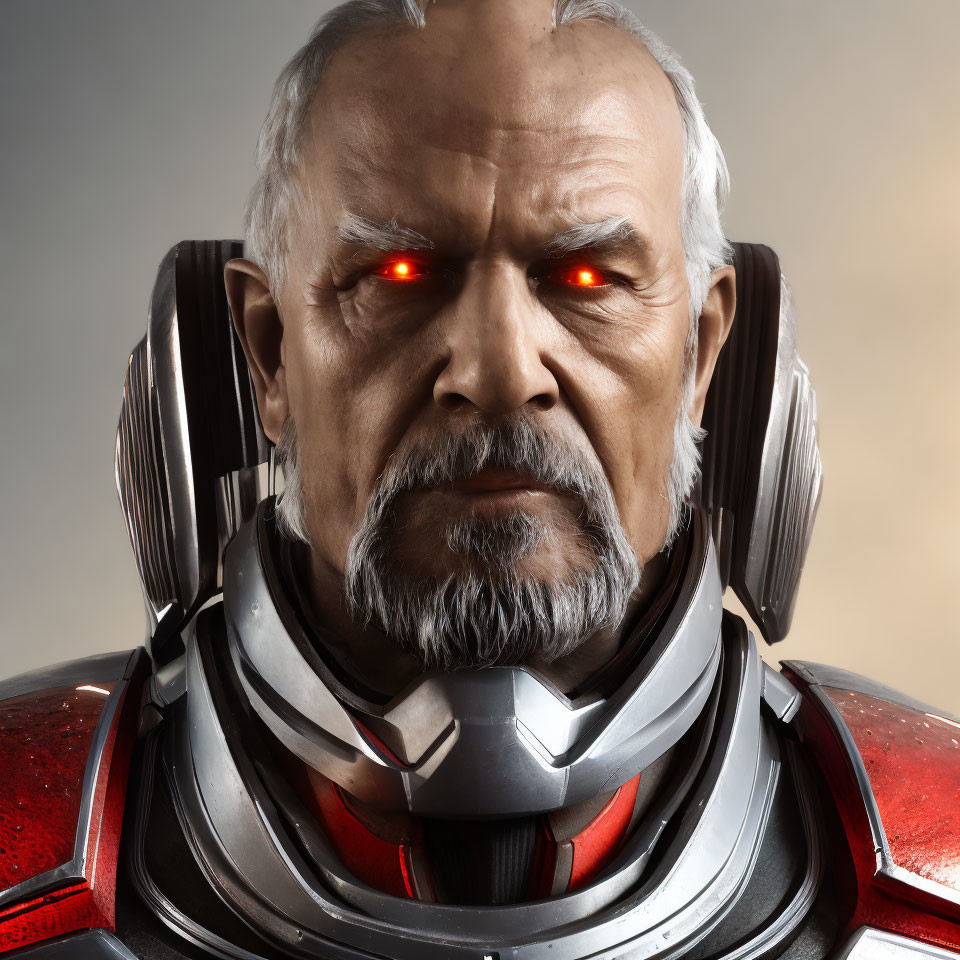 Futuristic armored suit with glowing red eyes on older male character