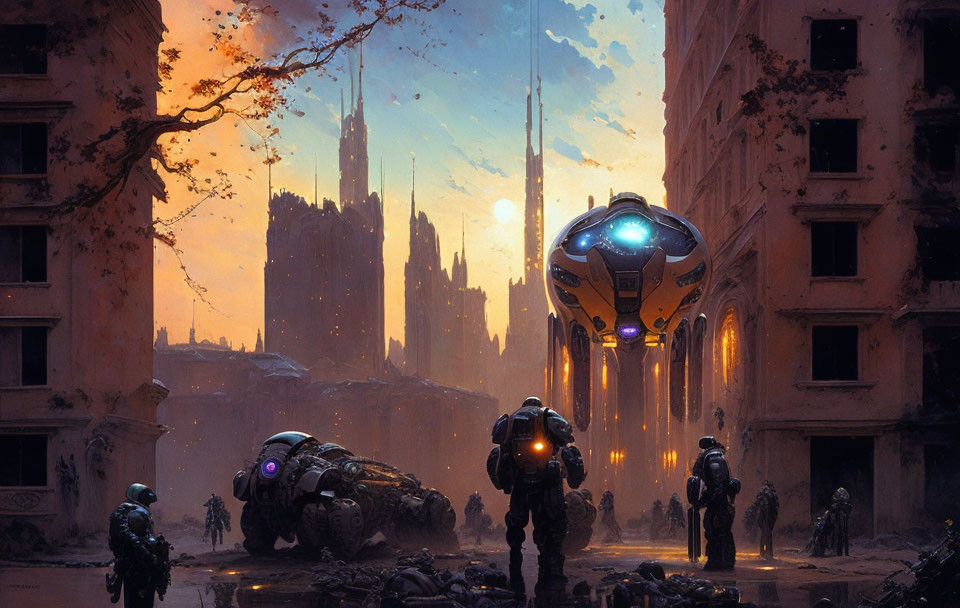 Sci-fi cityscape with soldiers, mechs, and alien spacecraft at dusk