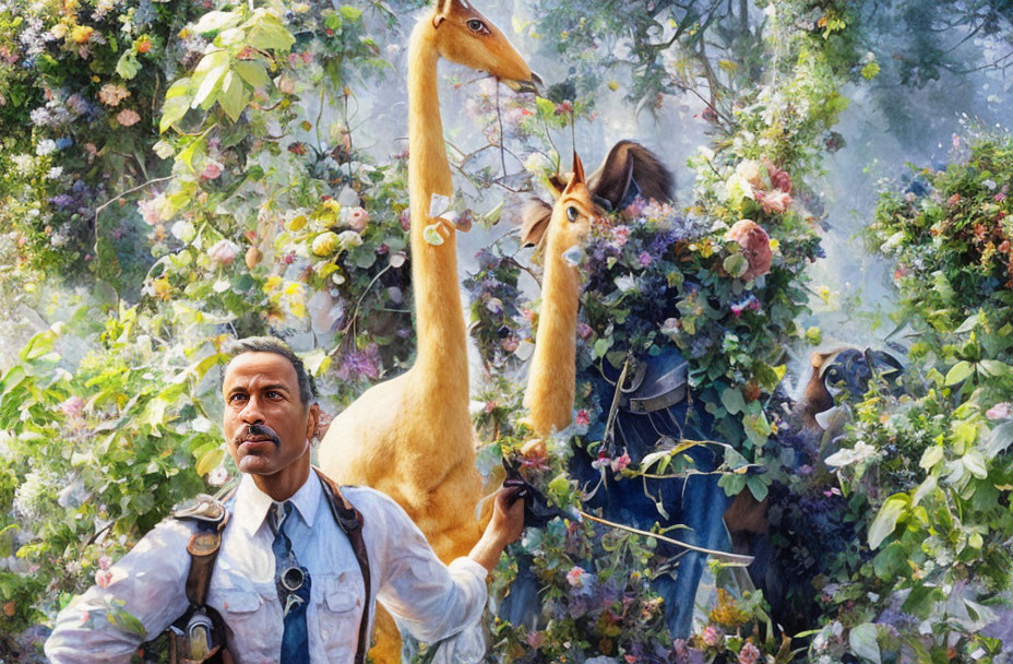 Man in safari outfit surrounded by animals in lush greenery