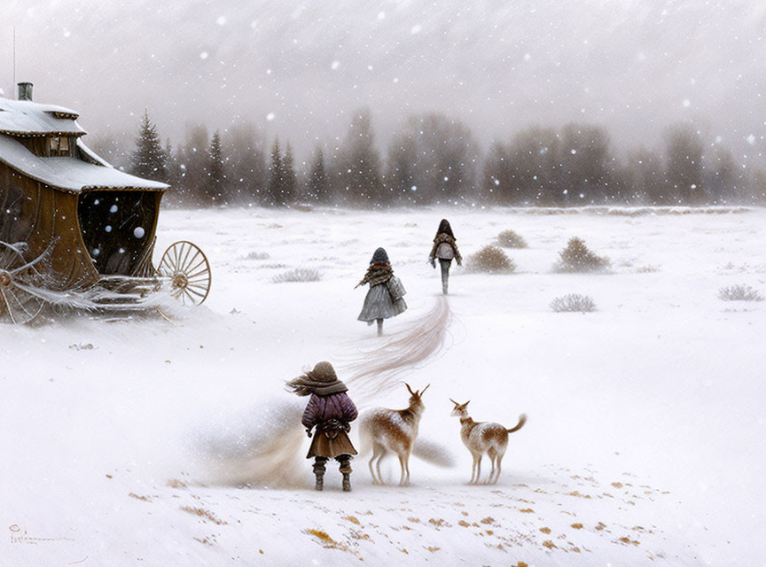 Group of People and Dogs Walking Away from Wooden Caravan in Snowy Landscape