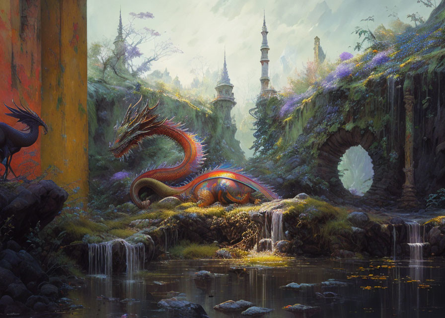 Red dragon resting by waterfalls in enchanting forest with arch bridge and distant towers.