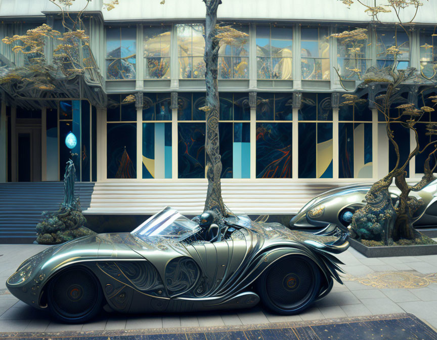 Silver futuristic car parked by modern building with artistic trees and sculptures