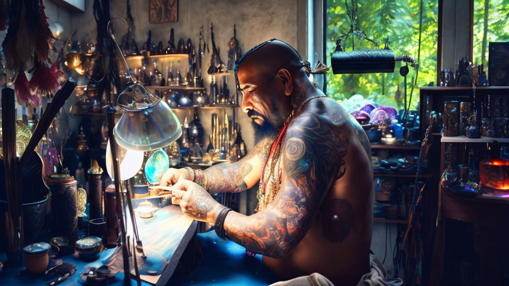 Tattooed man inspecting gem in colorful room