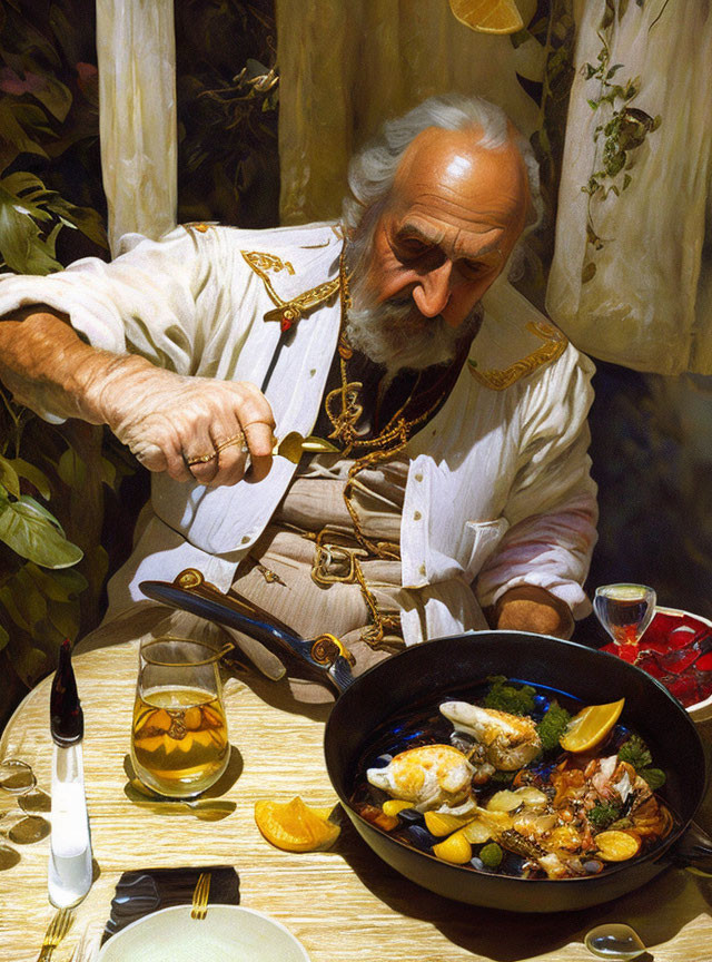 Elderly man in ornate uniform carving food at table with beer and wine