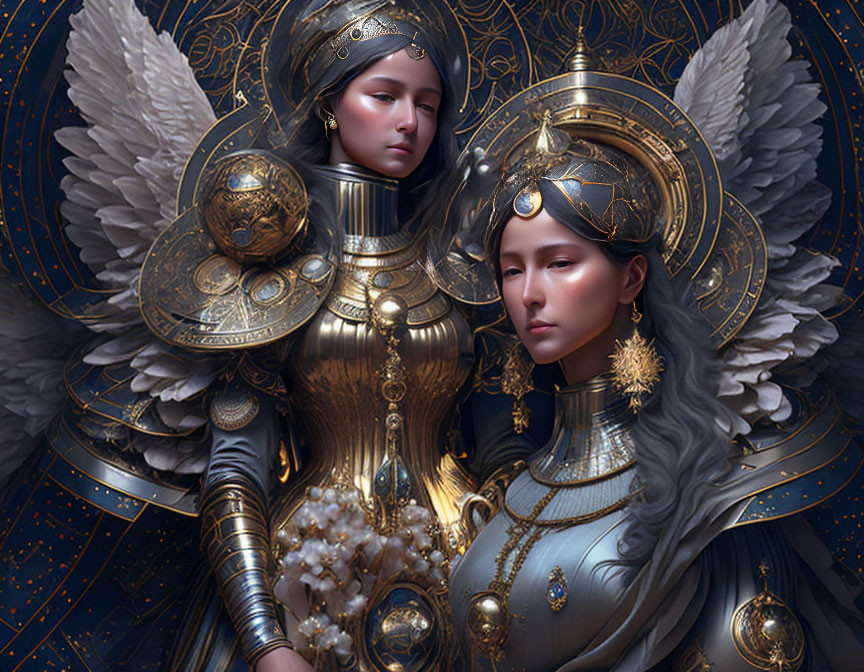 Identical Female Figures in Golden Armor with Wings on Starry Background