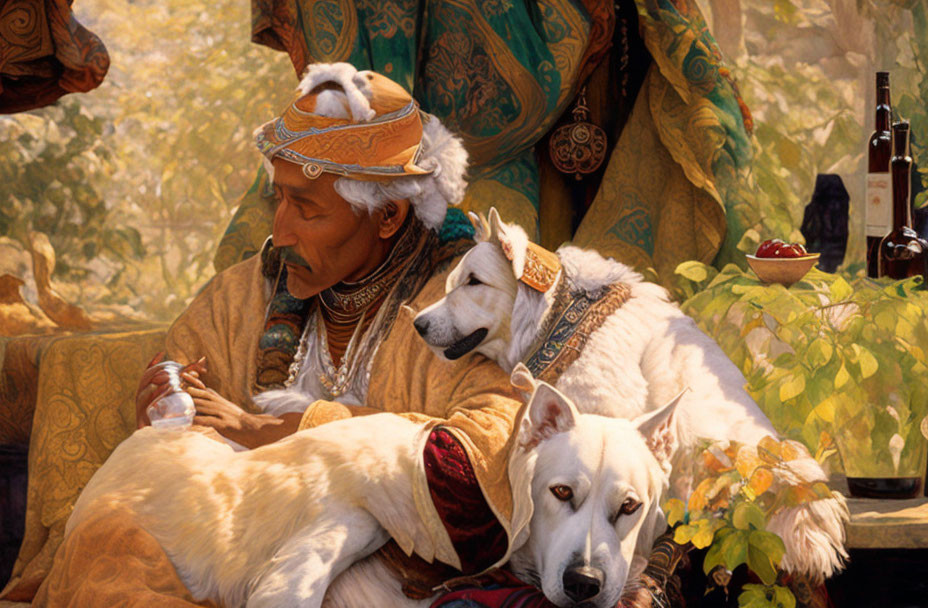 Elder in Traditional Attire with White Dogs and Luxurious Setting