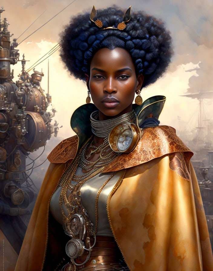 Regal woman in golden cloak and jewelry against steampunk backdrop