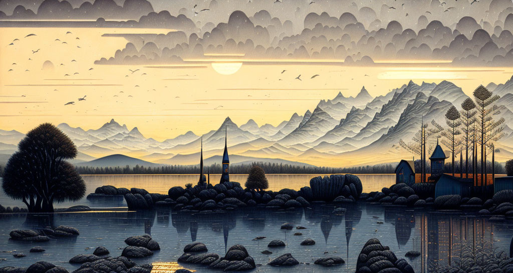 Tranquil dusk landscape: calm lake, layered mountains, small church, birds, setting sun