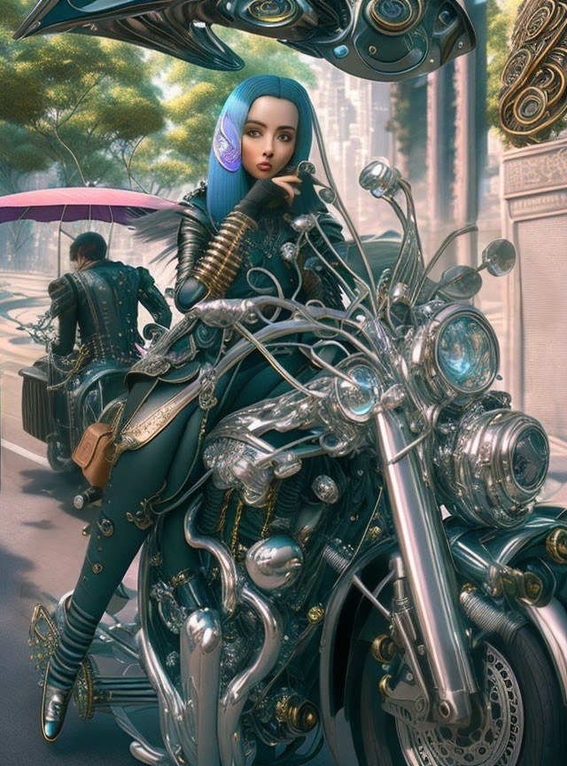 Blue-haired woman with umbrella on futuristic motorcycle in urban setting