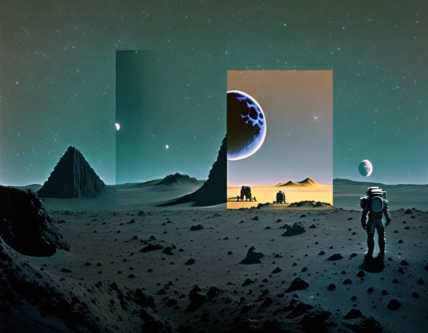 Surreal astronaut in landscape with rectangular space portals