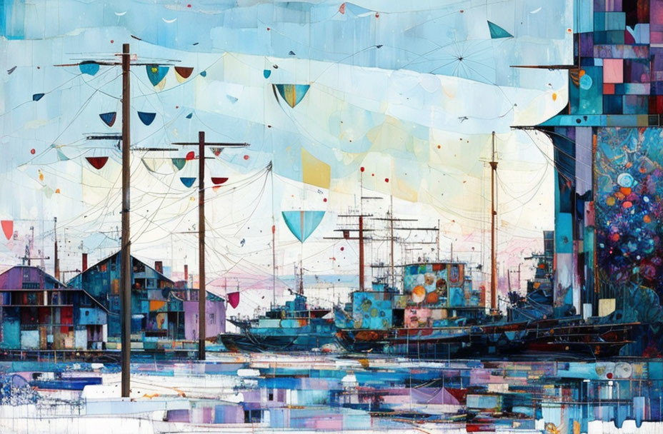 Colorful Abstract Painting of Harbor with Geometrical Shapes and Boats