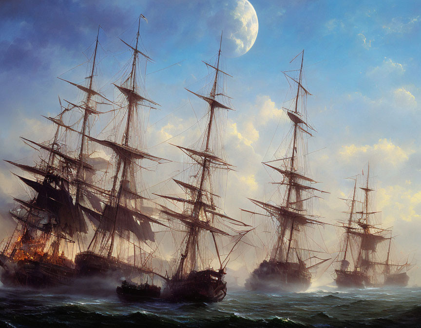 Tall ships with full sails on moonlit ocean at night